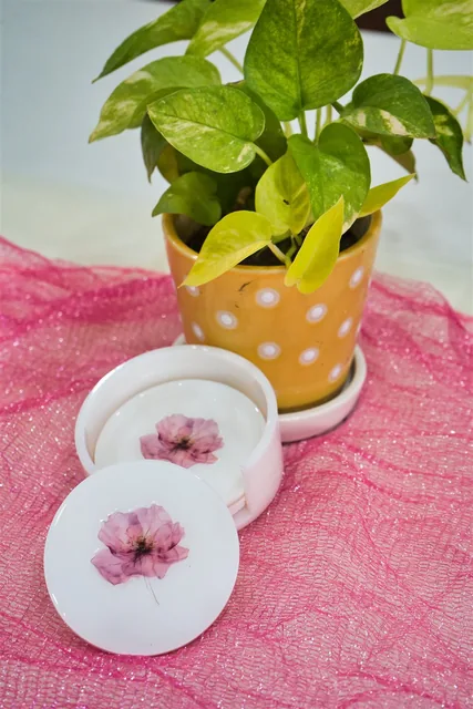 A dried pink flower preserved in white resin coasters