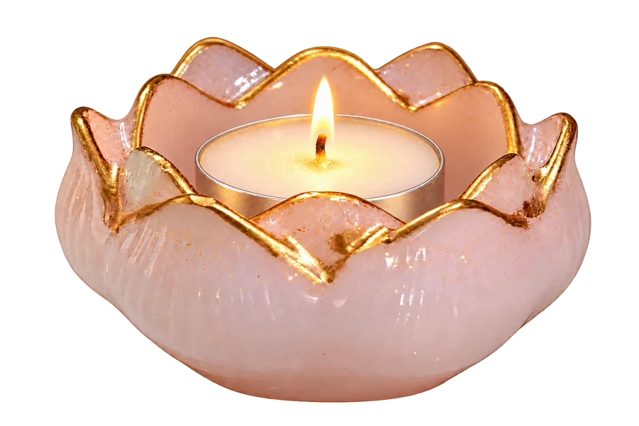 Pale pink cupped-lotus candle stand with a lit tea light