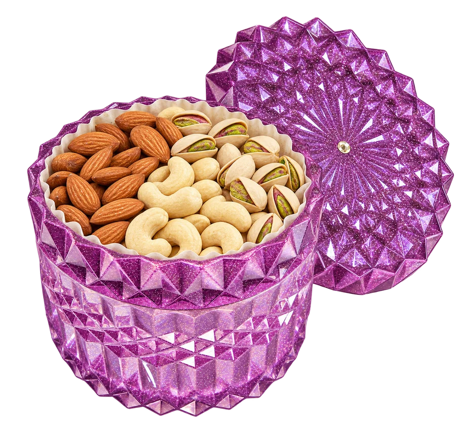 Open purple resin dry-fruit box styled with almonds, cashews and pistachios