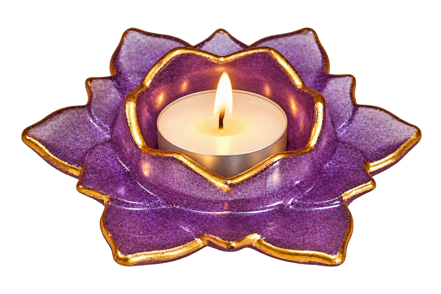 Purple petal candle stand with a lit tea light