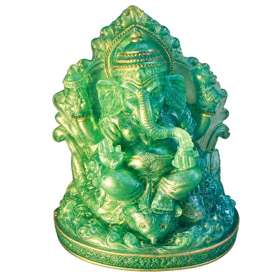 Green handmade resin Ganesha idol with gold-toned details, upright at the center of the festive display