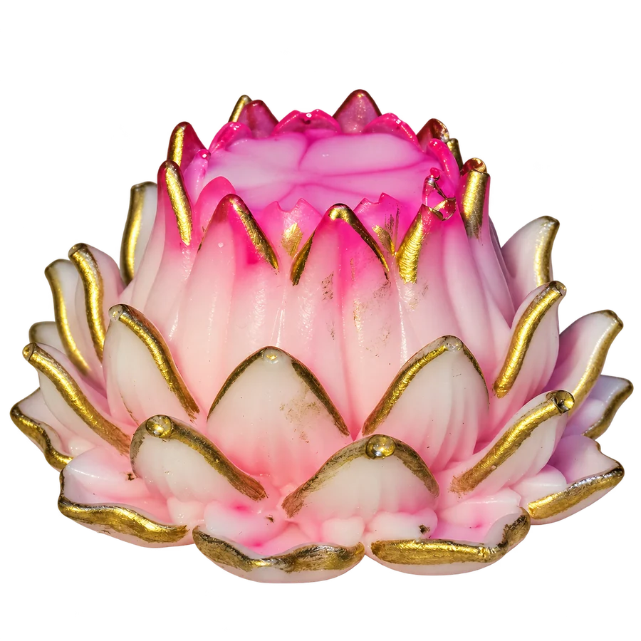 Pink-and-white layered lotus resin stand with gold-toned petal edges